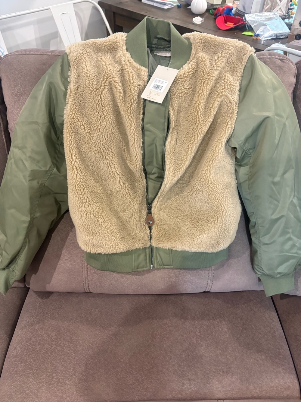 Brixton Two-Tone Sherpa Bomber Jacket - Beige & Olive XS
